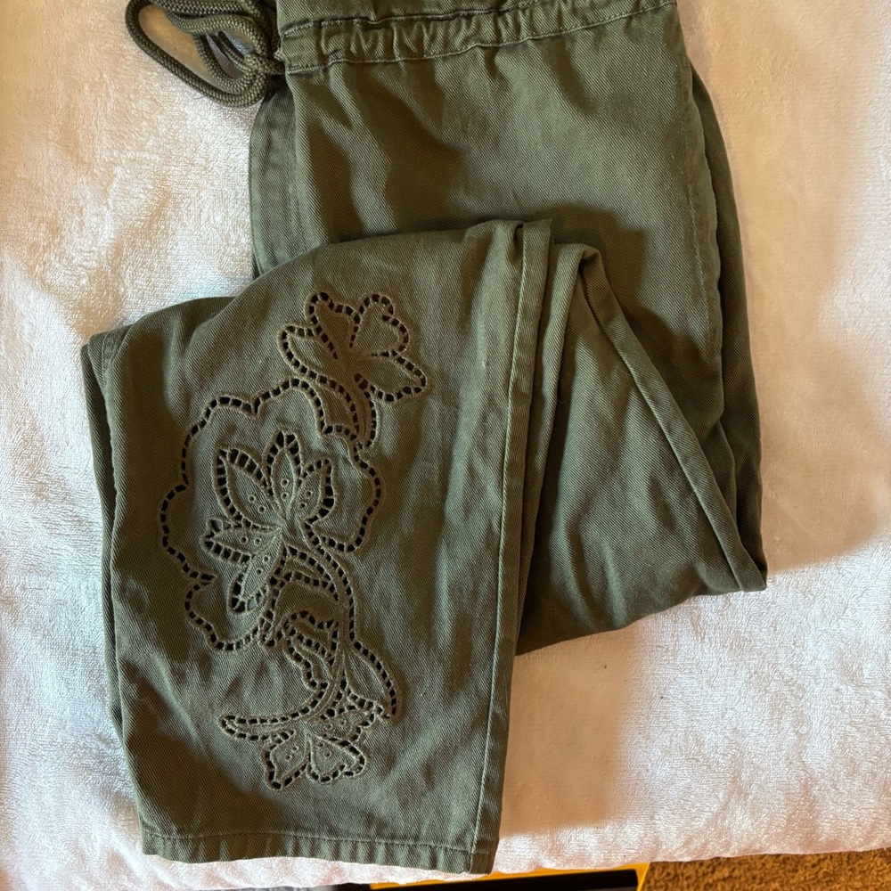 Olive Green Floral Cut Out Pants